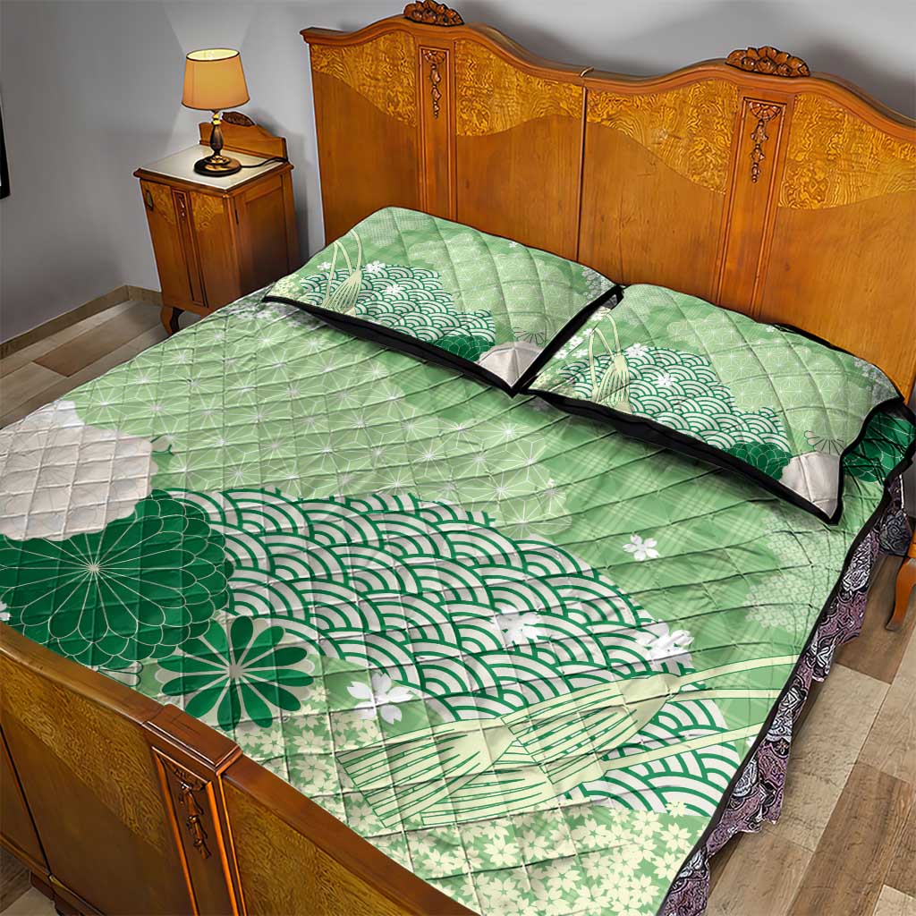 Green Palaka Japanese Patterns Quilt Bed Set Asanoha Seigaiha Sakura Motif LT14 - Polynesian Pride