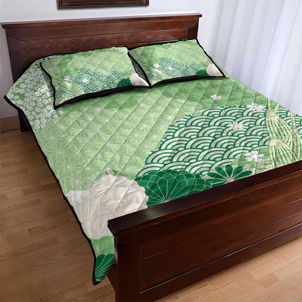 Green Palaka Japanese Patterns Quilt Bed Set Asanoha Seigaiha Sakura Motif LT14 - Polynesian Pride