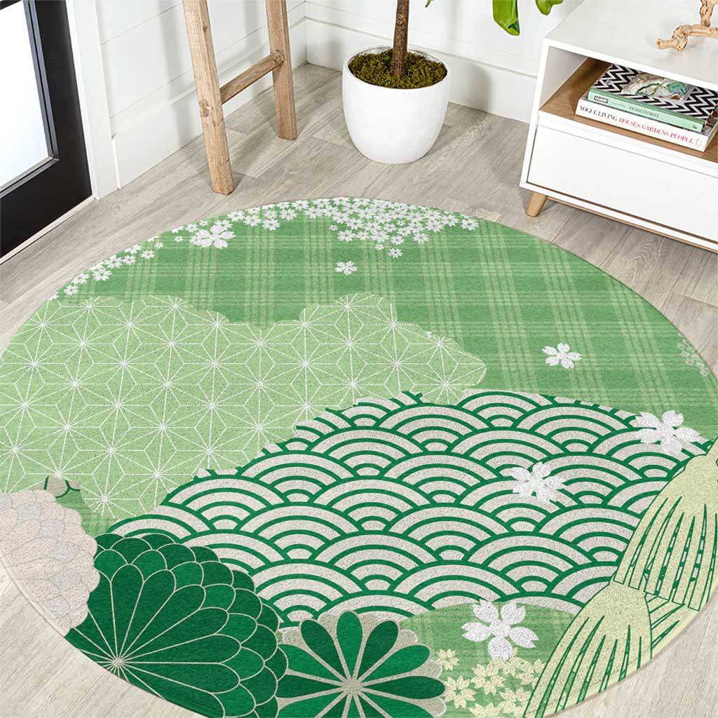 Green Palaka Japanese Patterns Round Carpet Asanoha Seigaiha Sakura Motif LT14 Green - Polynesian Pride