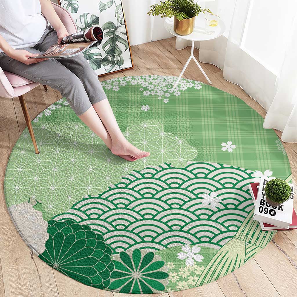 Green Palaka Japanese Patterns Round Carpet Asanoha Seigaiha Sakura Motif LT14 - Polynesian Pride