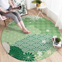 Green Palaka Japanese Patterns Round Carpet Asanoha Seigaiha Sakura Motif LT14 - Polynesian Pride