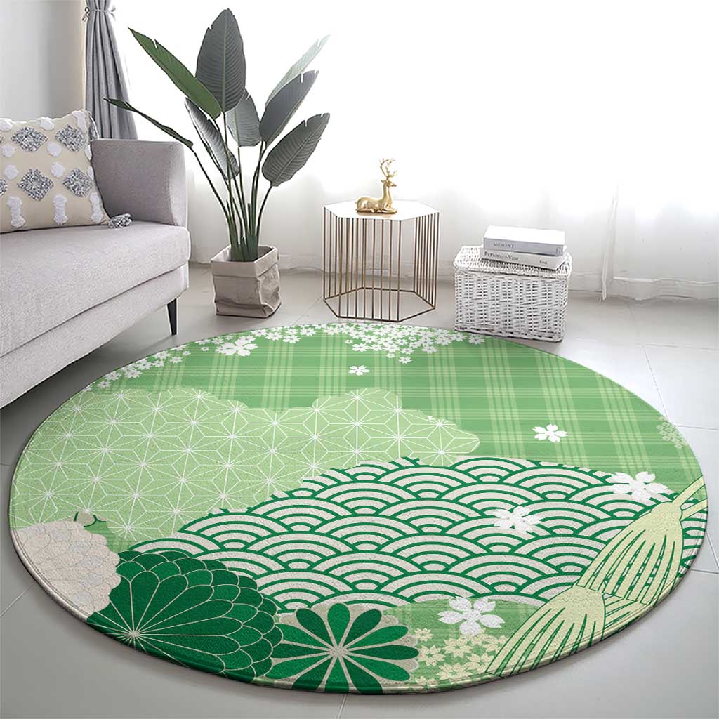 Green Palaka Japanese Patterns Round Carpet Asanoha Seigaiha Sakura Motif LT14 - Polynesian Pride