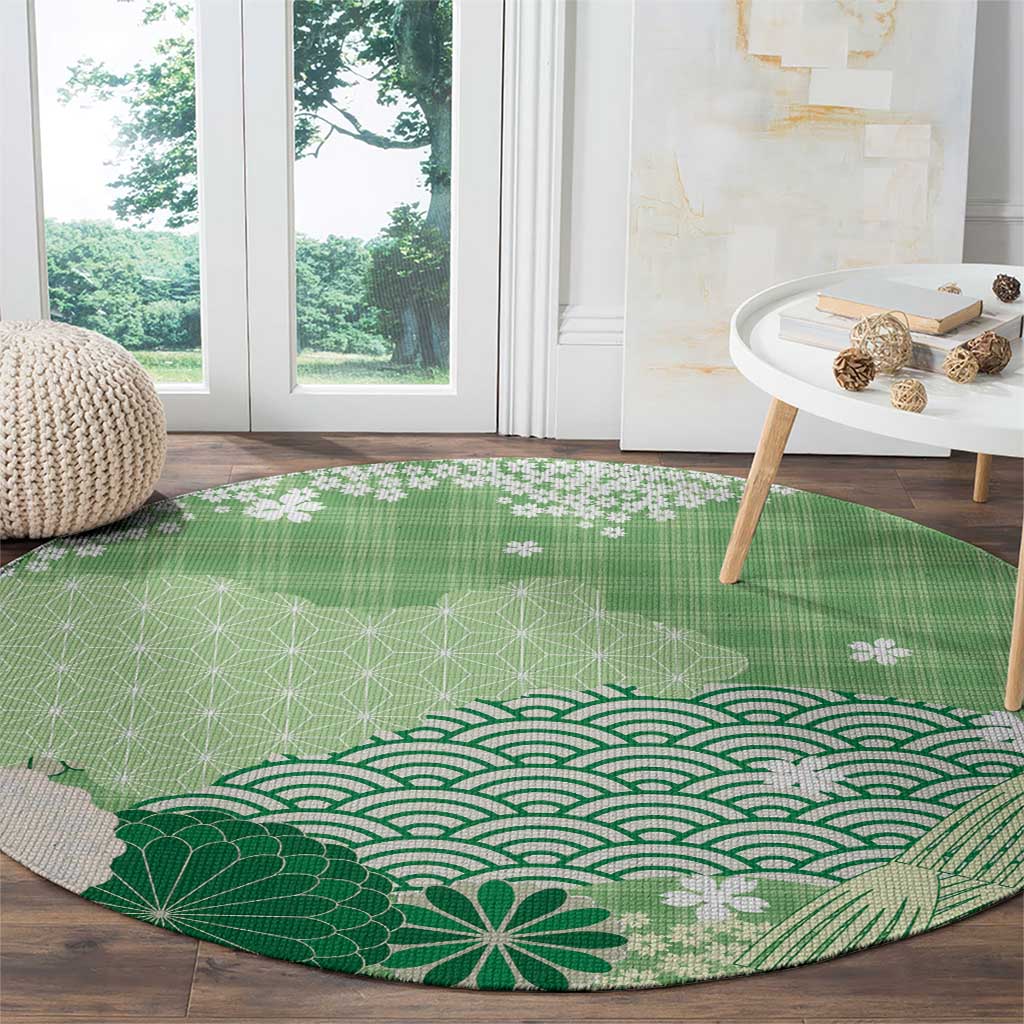 Green Palaka Japanese Patterns Round Carpet Asanoha Seigaiha Sakura Motif LT14 - Polynesian Pride