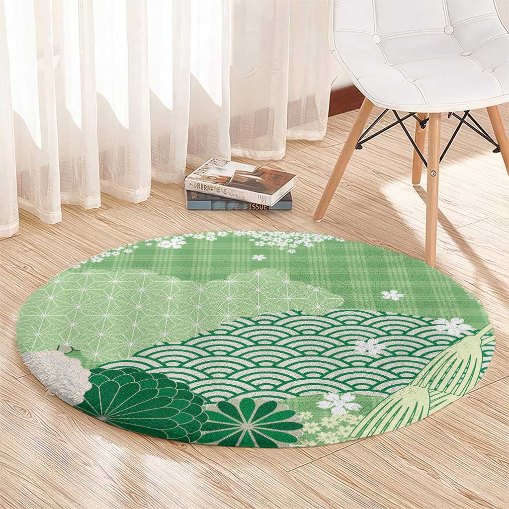 Green Palaka Japanese Patterns Round Carpet Asanoha Seigaiha Sakura Motif LT14 - Polynesian Pride