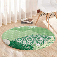 Green Palaka Japanese Patterns Round Carpet Asanoha Seigaiha Sakura Motif LT14 - Polynesian Pride