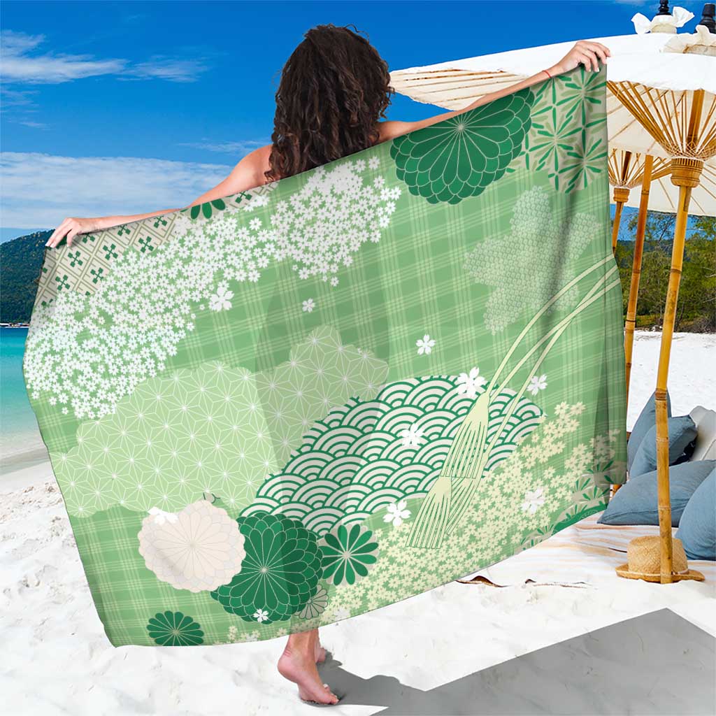 Green Palaka Japanese Patterns Sarong Asanoha Seigaiha Sakura Motif LT14 One Size 44 x 66 inches Green - Polynesian Pride