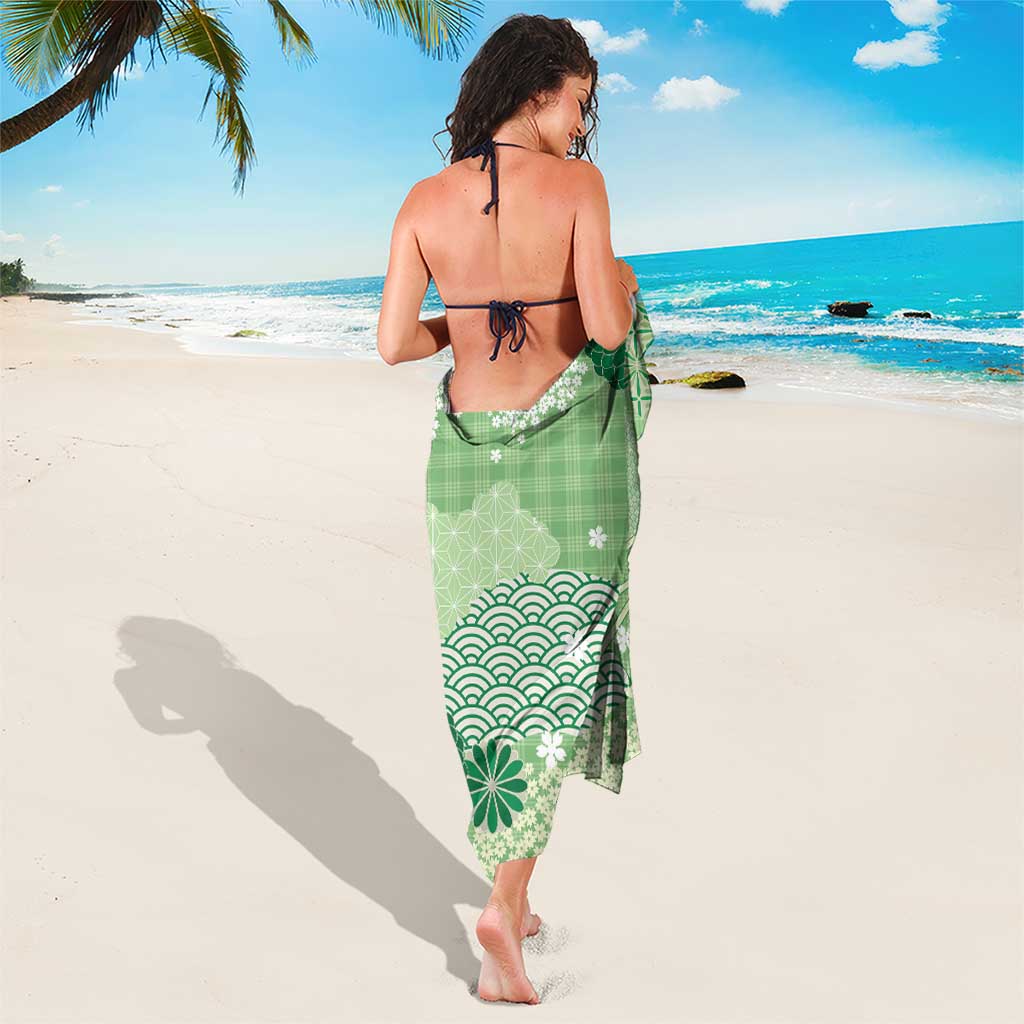Green Palaka Japanese Patterns Sarong Asanoha Seigaiha Sakura Motif LT14 - Polynesian Pride
