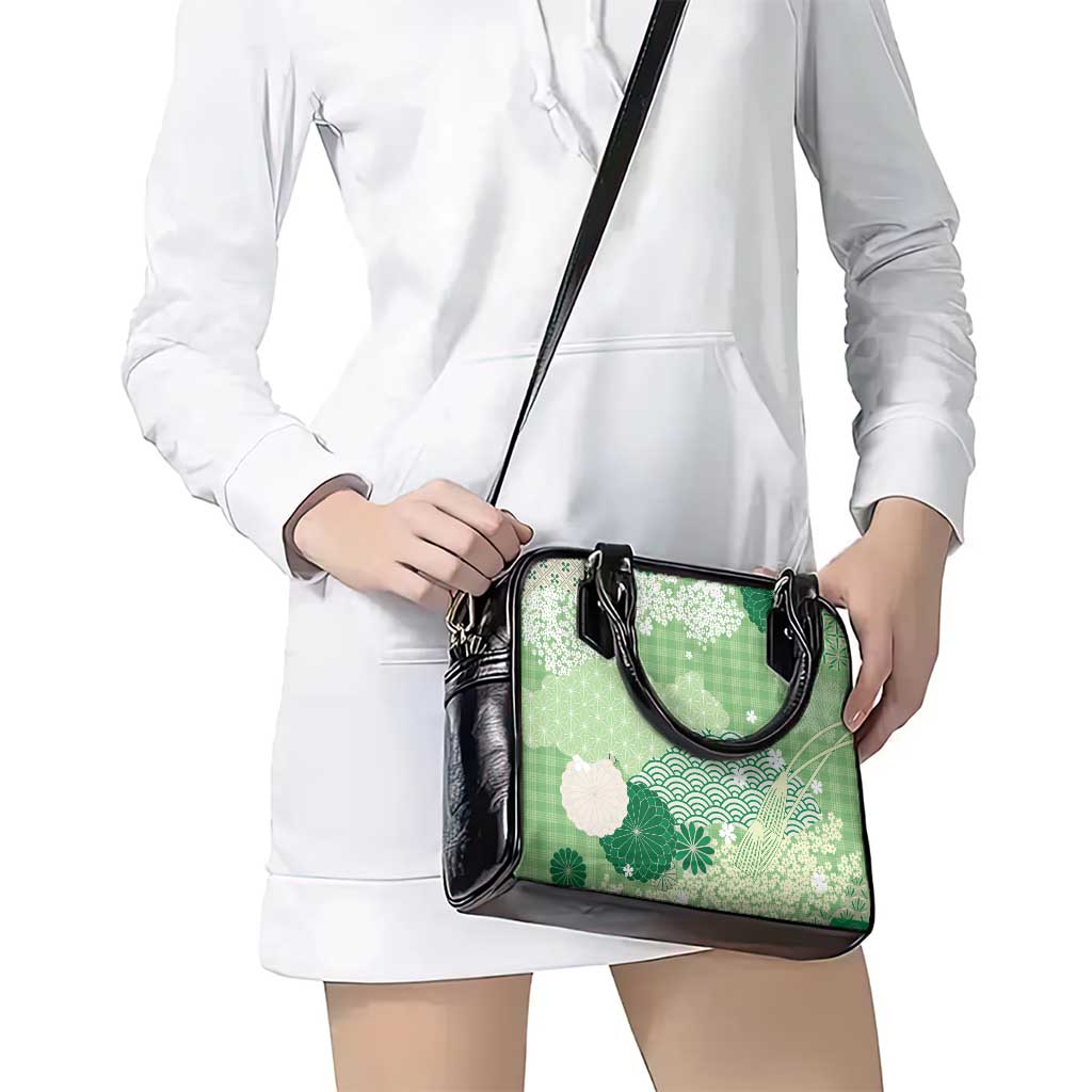 Green Palaka Japanese Patterns Shoulder Handbag Asanoha Seigaiha Sakura Motif LT14 - Polynesian Pride
