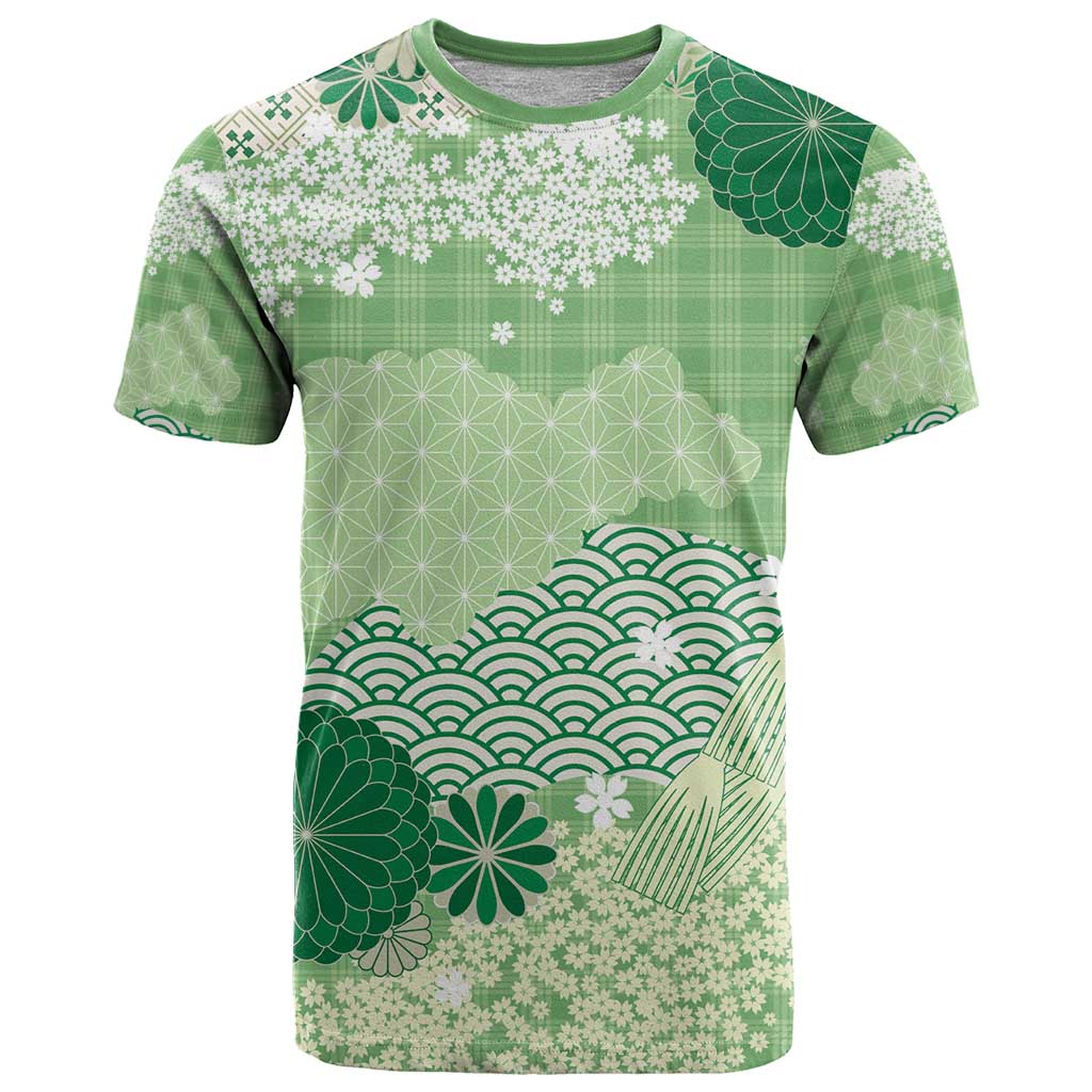 Green Palaka Japanese Patterns T Shirt Asanoha Seigaiha Sakura Motif LT14 Green - Polynesian Pride