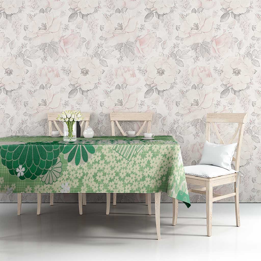 Green Palaka Japanese Patterns Tablecloth Asanoha Seigaiha Sakura Motif LT14 - Polynesian Pride