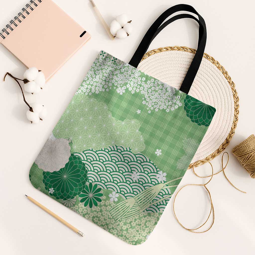 Green Palaka Japanese Patterns Tote Bag Asanoha Seigaiha Sakura Motif LT14 Black Strap One Size Green - Polynesian Pride