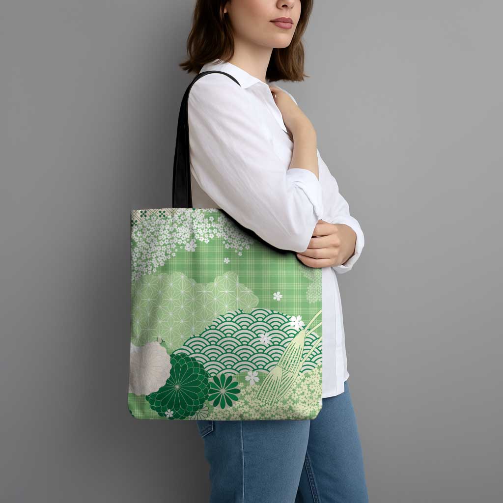 Green Palaka Japanese Patterns Tote Bag Asanoha Seigaiha Sakura Motif LT14 - Polynesian Pride