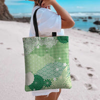 Green Palaka Japanese Patterns Tote Bag Asanoha Seigaiha Sakura Motif LT14 - Polynesian Pride