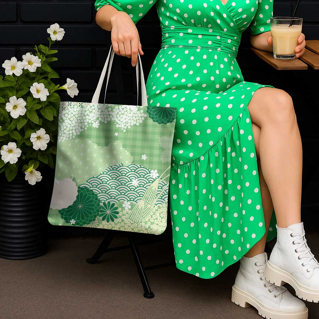 Green Palaka Japanese Patterns Tote Bag Asanoha Seigaiha Sakura Motif LT14 - Polynesian Pride
