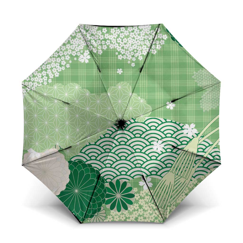 Green Palaka Japanese Patterns Umbrella Asanoha Seigaiha Sakura Motif LT14 One Size Folded 11.42 inch Opened Diameter 37.4 inch Green - Polynesian Pride