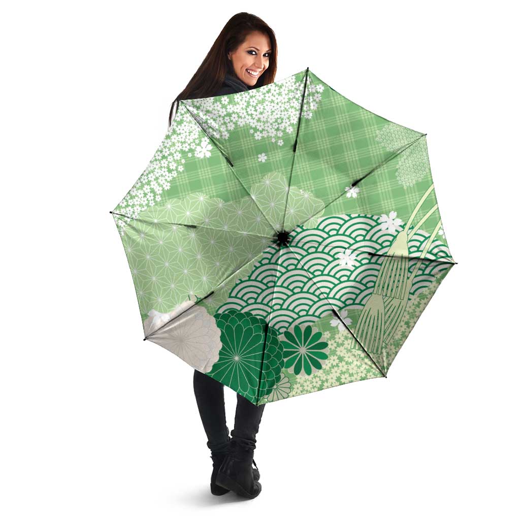 Green Palaka Japanese Patterns Umbrella Asanoha Seigaiha Sakura Motif LT14 - Polynesian Pride