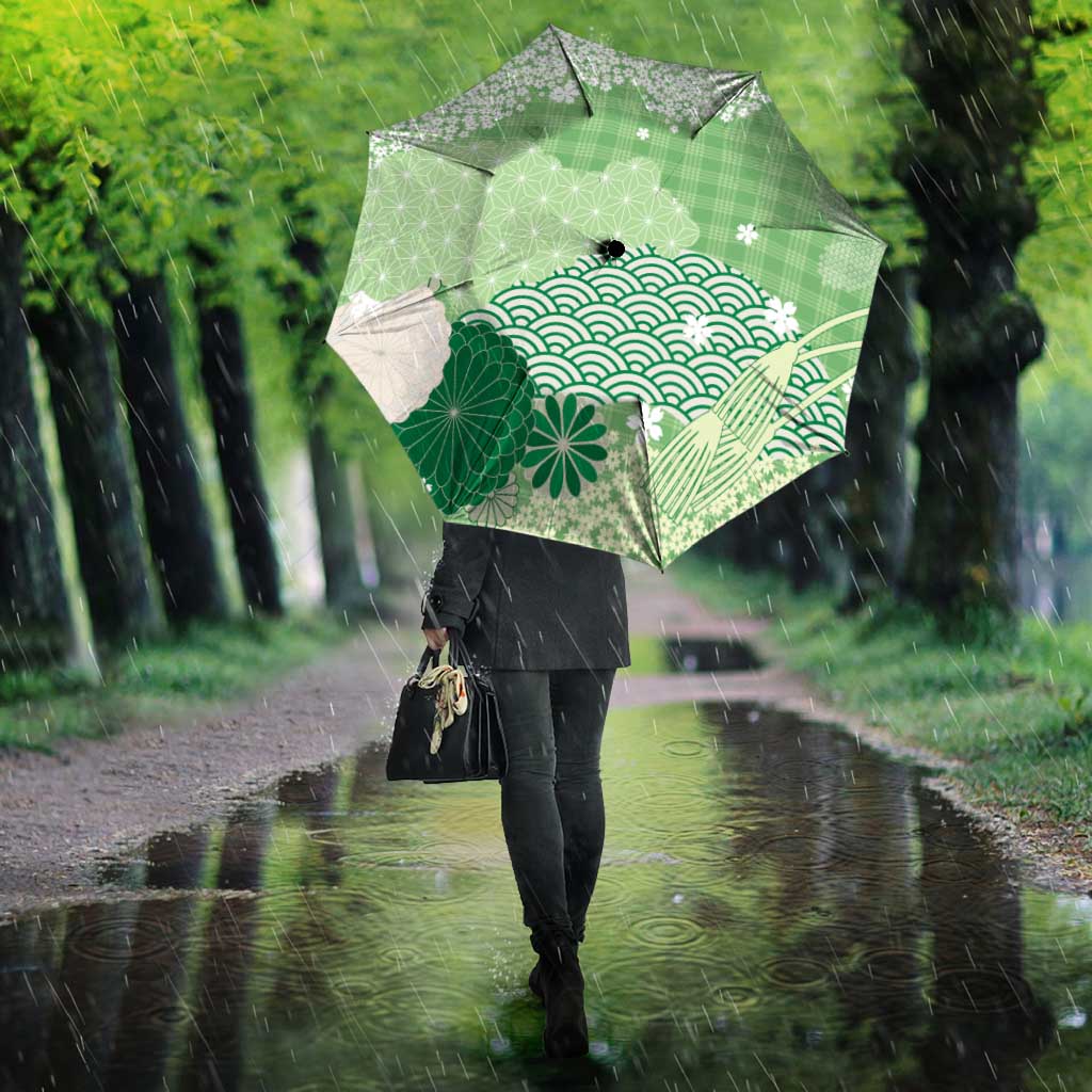 Green Palaka Japanese Patterns Umbrella Asanoha Seigaiha Sakura Motif LT14 - Polynesian Pride