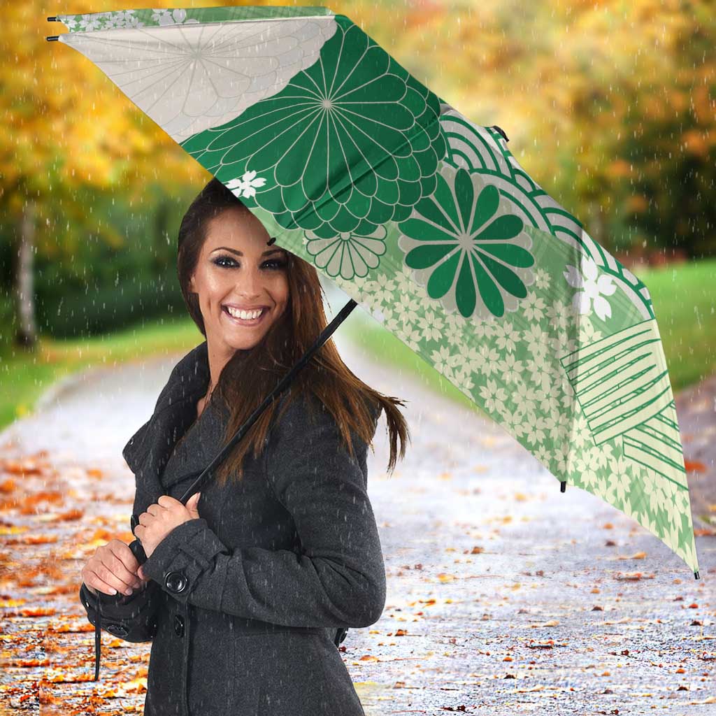 Green Palaka Japanese Patterns Umbrella Asanoha Seigaiha Sakura Motif LT14 - Polynesian Pride
