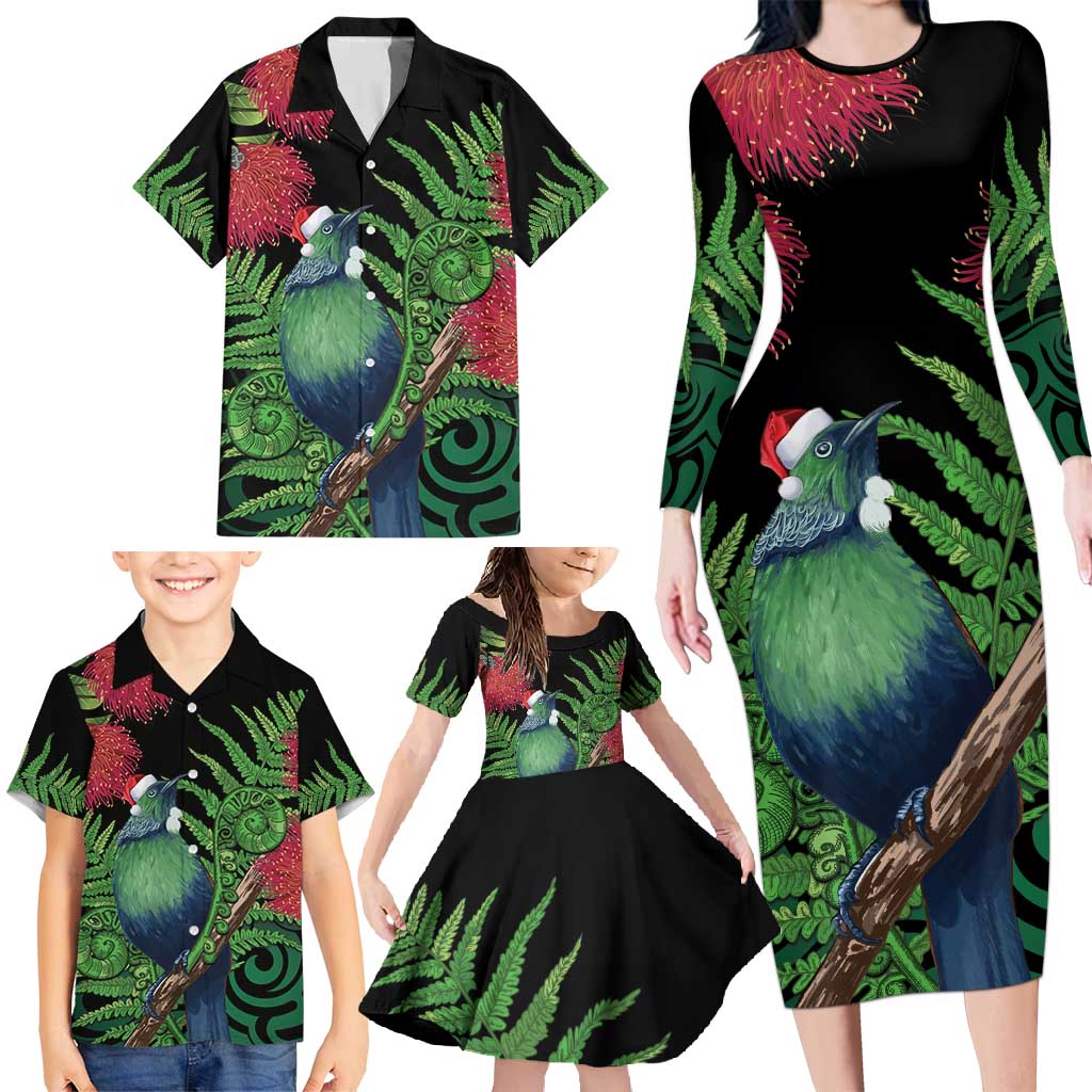 New Zealand Tui Bird Christmas Family Matching Long Sleeve Bodycon Dress and Hawaiian Shirt Maori Fern Mix Pohotukawa