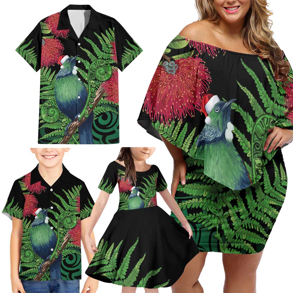 New Zealand Tui Bird Christmas Family Matching Off Shoulder Short Dress and Hawaiian Shirt Maori Fern Mix Pohotukawa