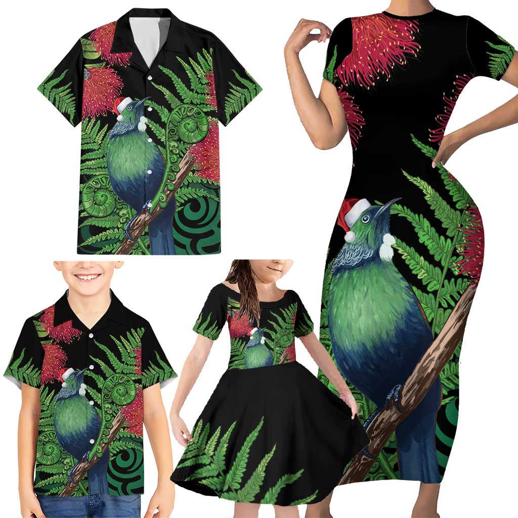 New Zealand Tui Bird Christmas Family Matching Short Sleeve Bodycon Dress and Hawaiian Shirt Maori Fern Mix Pohotukawa