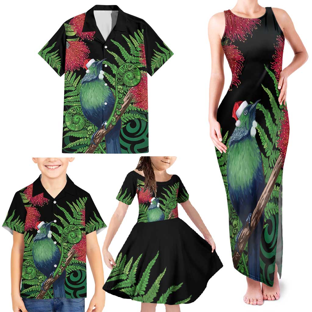 New Zealand Tui Bird Christmas Family Matching Tank Maxi Dress and Hawaiian Shirt Maori Fern Mix Pohotukawa