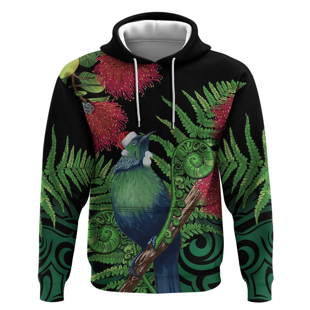 New Zealand Tui Bird Christmas Hoodie Maori Fern Mix Pohotukawa LT14 Pullover Hoodie Black - Polynesian Pride