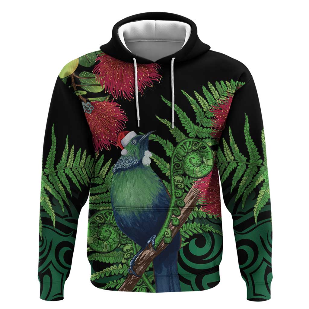 New Zealand Tui Bird Christmas Hoodie Maori Fern Mix Pohotukawa