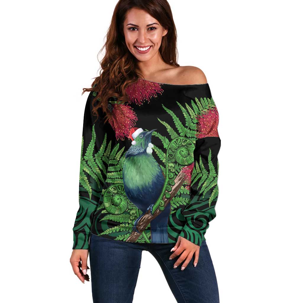 New Zealand Tui Bird Christmas Off Shoulder Sweater Maori Fern Mix Pohotukawa LT14 Women Black - Polynesian Pride