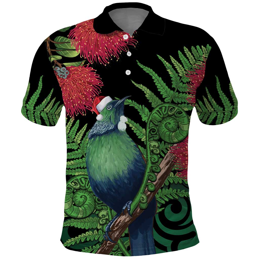 New Zealand Tui Bird Christmas Polo Shirt Maori Fern Mix Pohotukawa