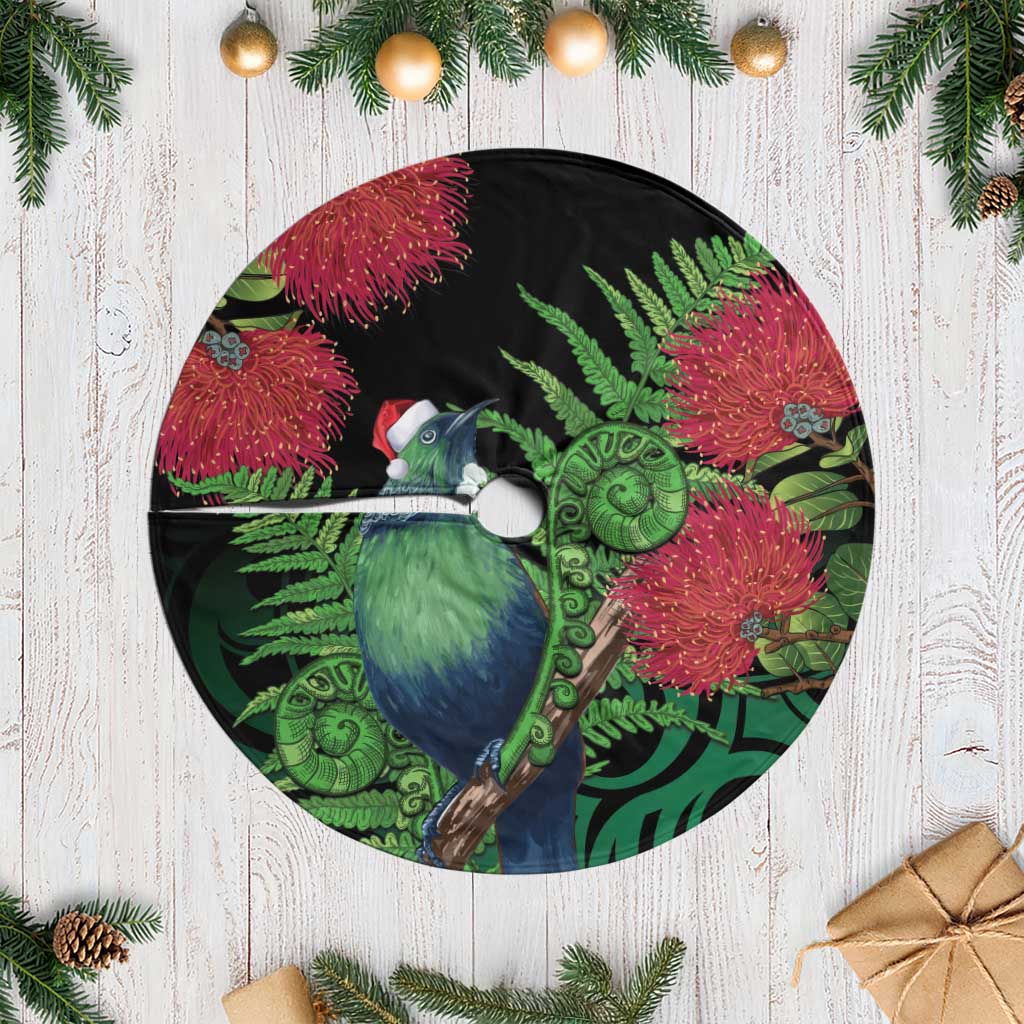 New Zealand Tui Bird Christmas Tree Skirt Maori Fern Mix Pohotukawa LT14 Casual Black - Polynesian Pride