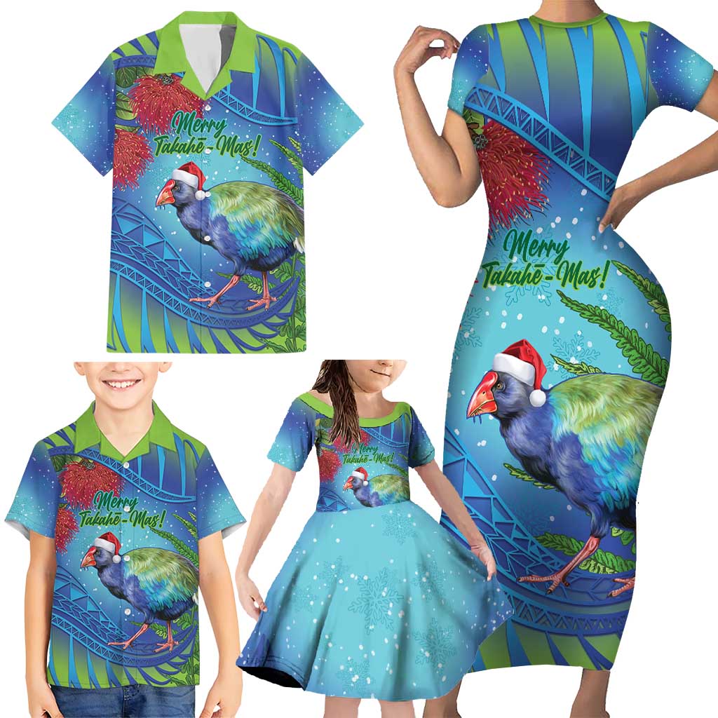 New Zealand Takahe Christmas Family Matching Short Sleeve Bodycon Dress and Hawaiian Shirt Maori Fern Mix Pohotukawa