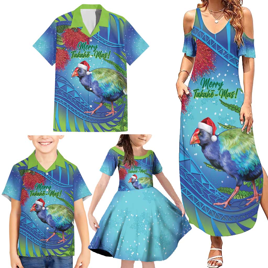 New Zealand Takahe Christmas Family Matching Summer Maxi Dress and Hawaiian Shirt Maori Fern Mix Pohotukawa