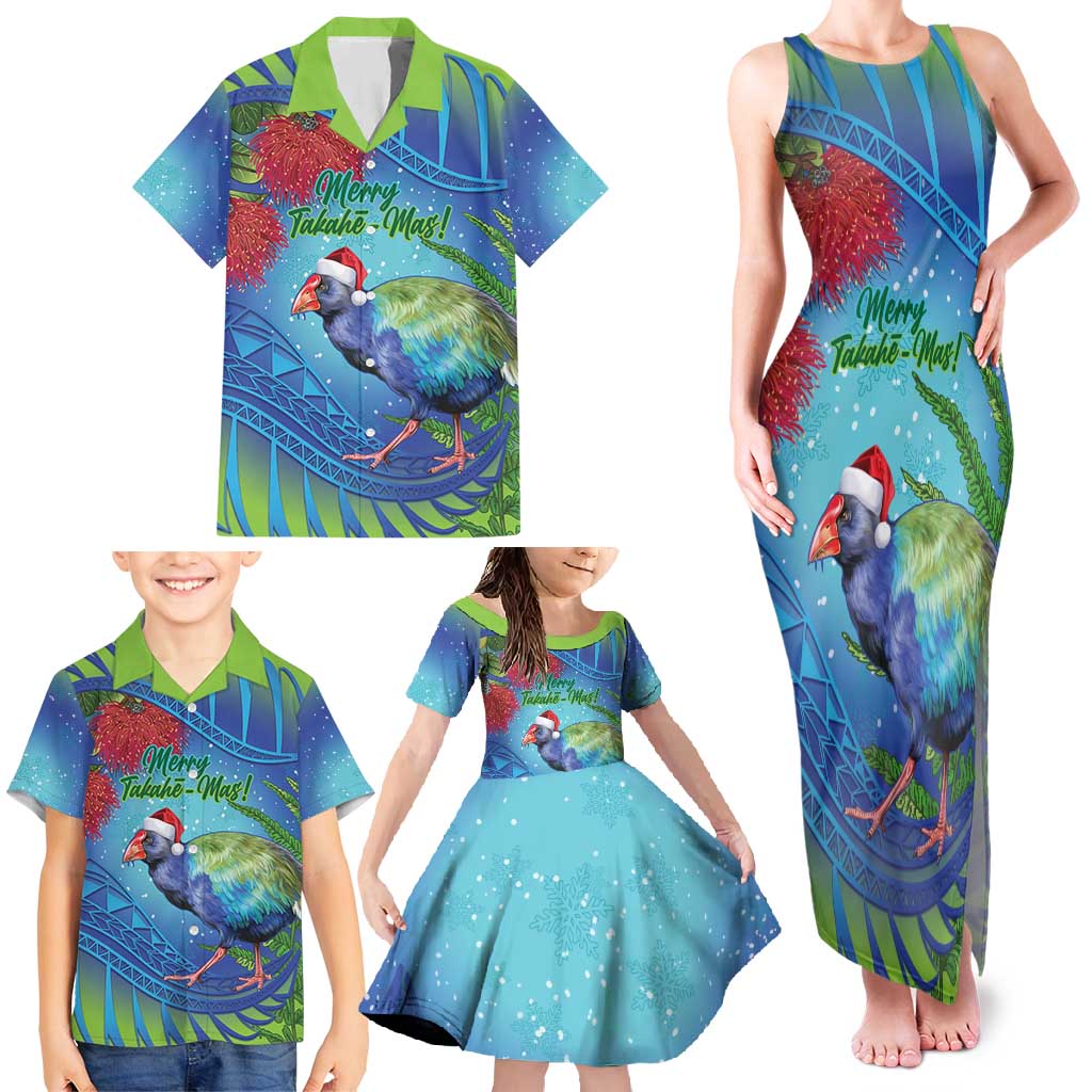 New Zealand Takahe Christmas Family Matching Tank Maxi Dress and Hawaiian Shirt Maori Fern Mix Pohotukawa