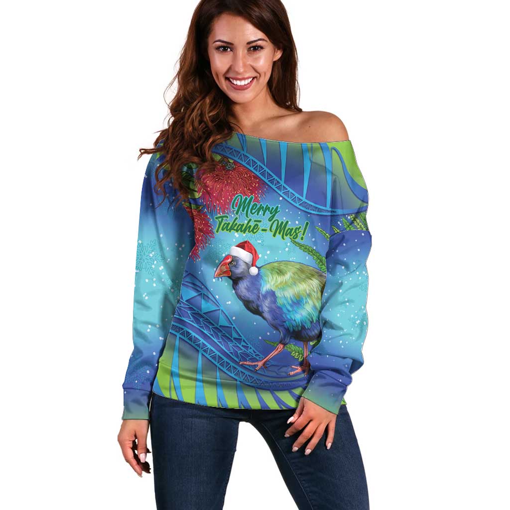 New Zealand Takahe Christmas Off Shoulder Sweater Maori Fern Mix Pohotukawa LT14 Women Blue - Polynesian Pride