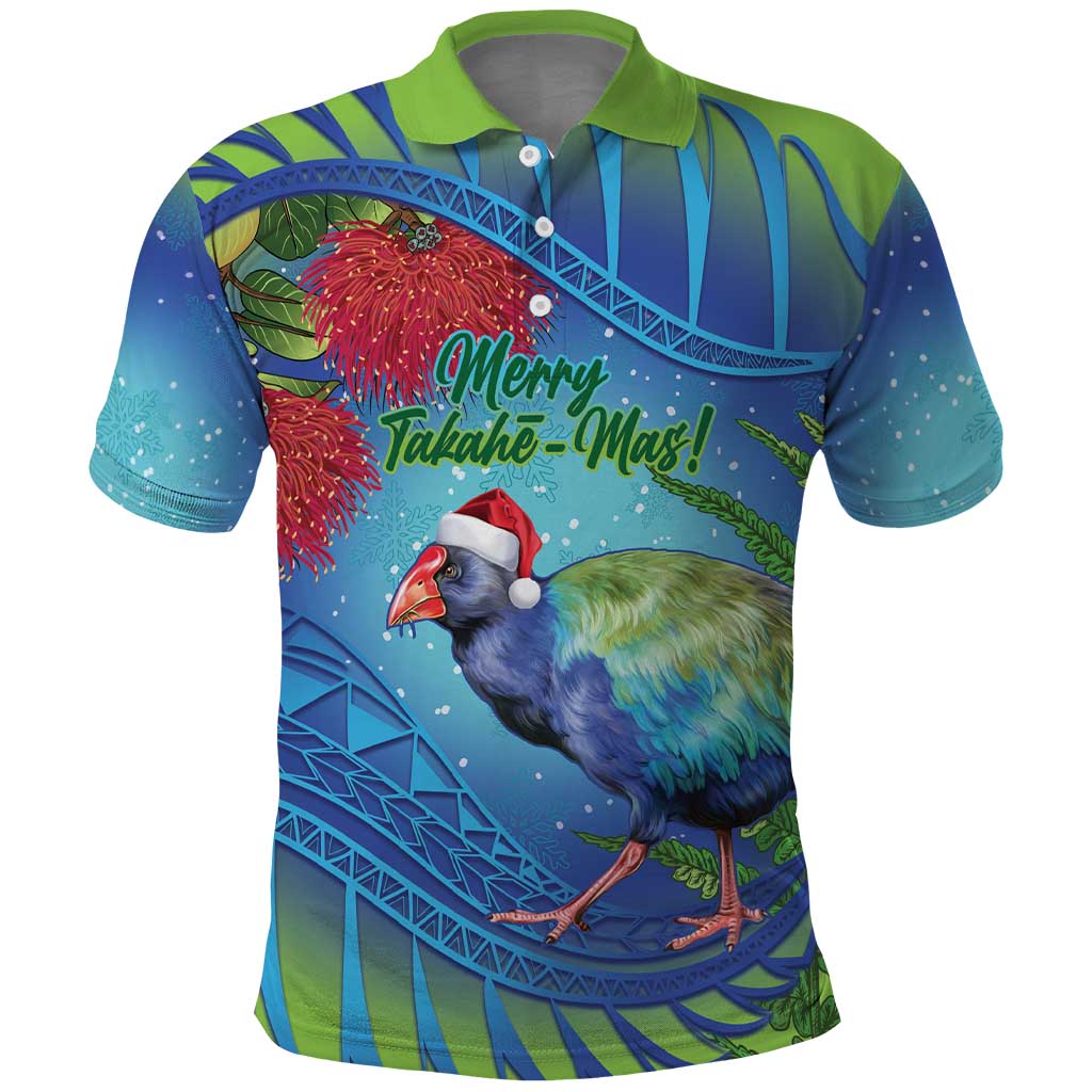 New Zealand Takahe Christmas Polo Shirt Maori Fern Mix Pohotukawa