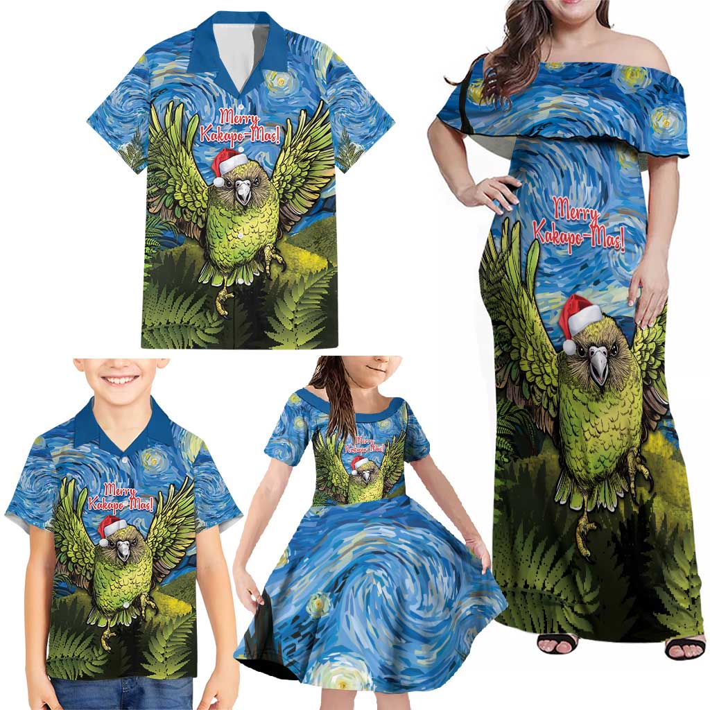 Personalised Jumping Kakapo Christmas Family Matching Off Shoulder Maxi Dress and Hawaiian Shirt New Zealand Fern - Starry Night Style