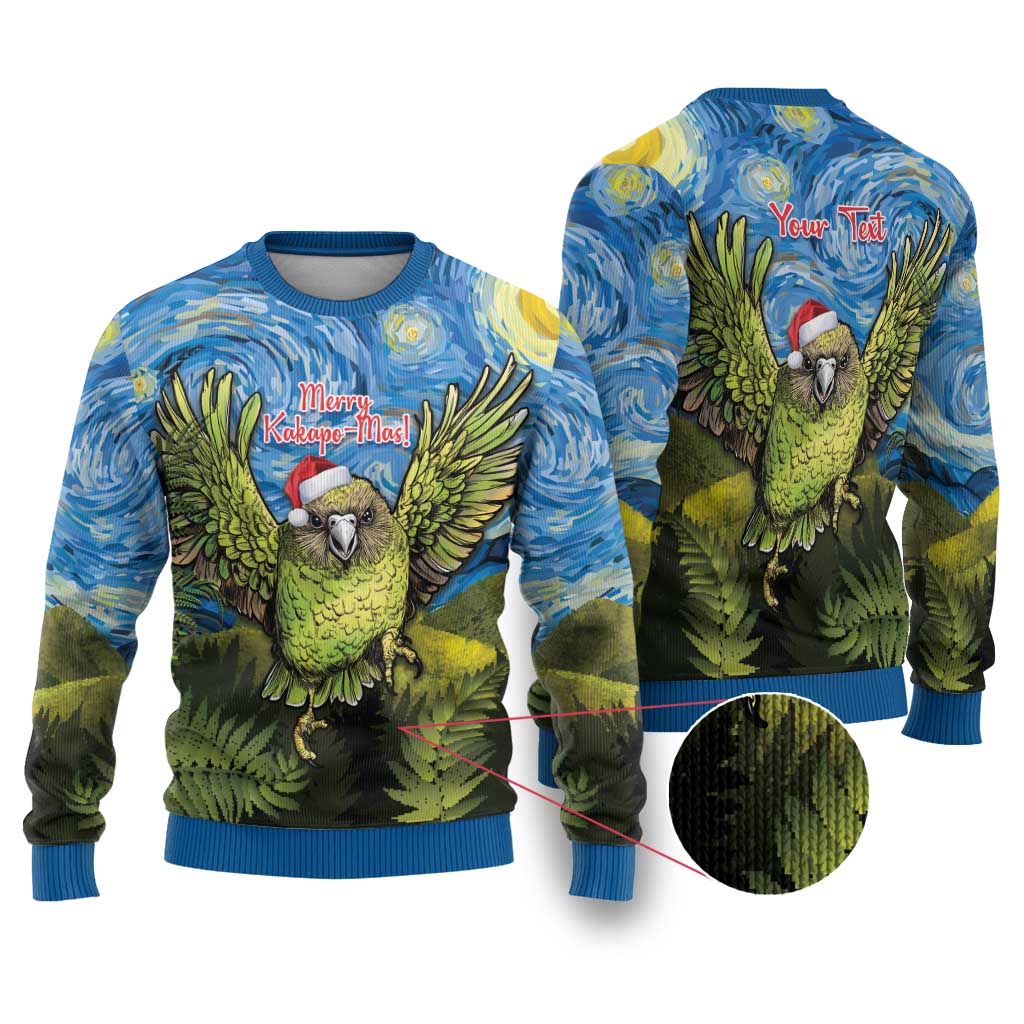 Personalised Jumping Kakapo Christmas Ugly Christmas Sweater New Zealand Fern - Starry Night Style LT14 Green - Polynesian Pride