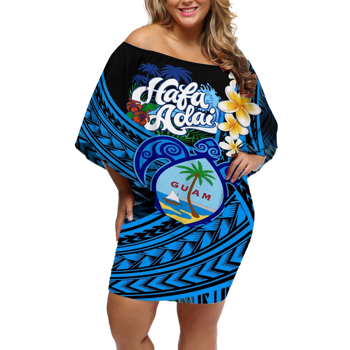 Hafa Adai Guam Off Shoulder Short Dress Guahan Sea Turtle Tropical Style LT14 Women Blue - Polynesian Pride