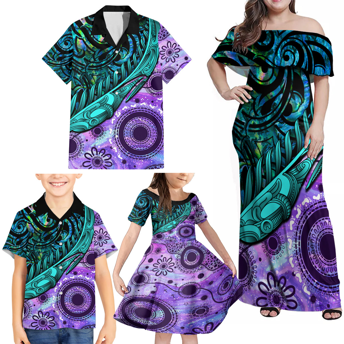 New Zealand Paua Shell With Australia Opal Unique Combine Family Matching Off Shoulder Maxi Dress and Hawaiian Shirt LT14 - Polynesian Pride