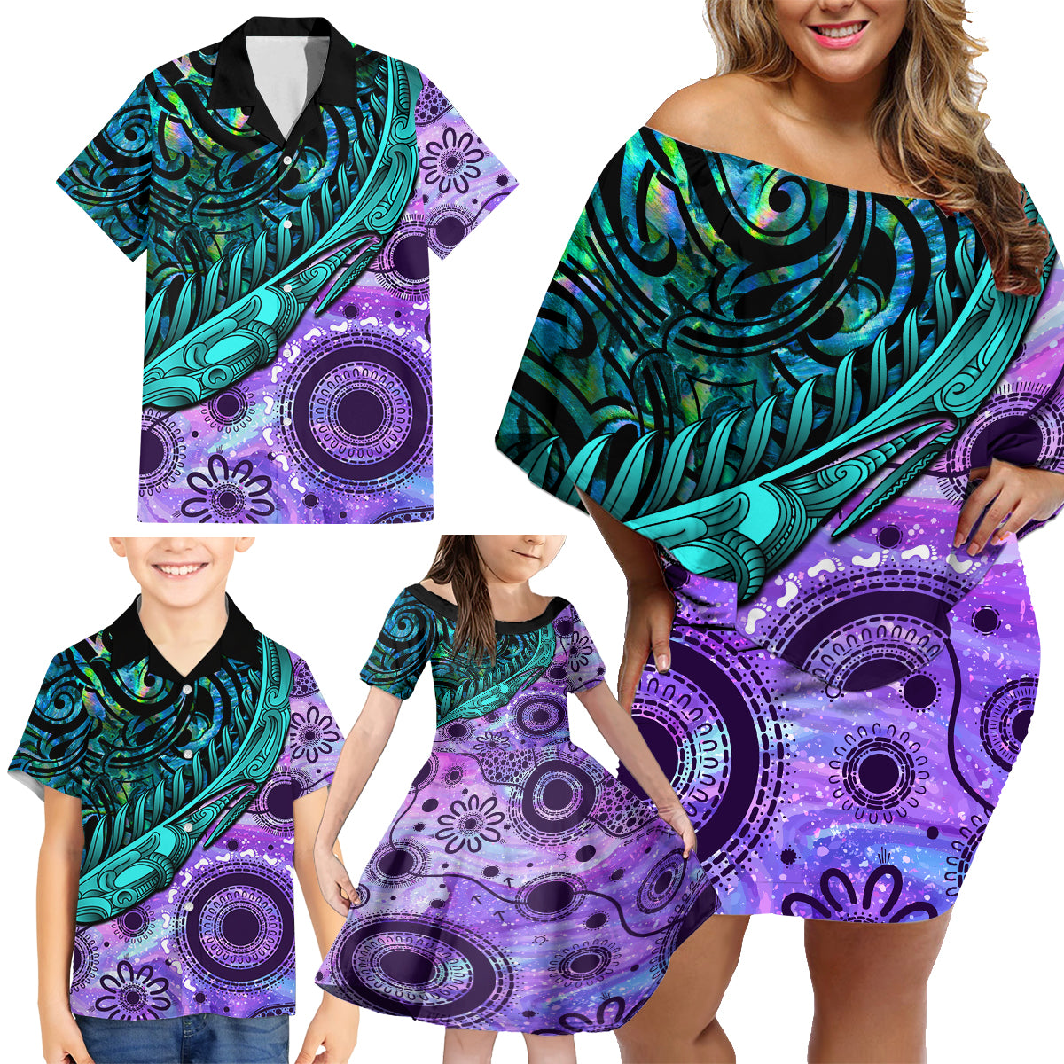 New Zealand Paua Shell With Australia Opal Unique Combine Family Matching Off Shoulder Short Dress and Hawaiian Shirt LT14 - Polynesian Pride