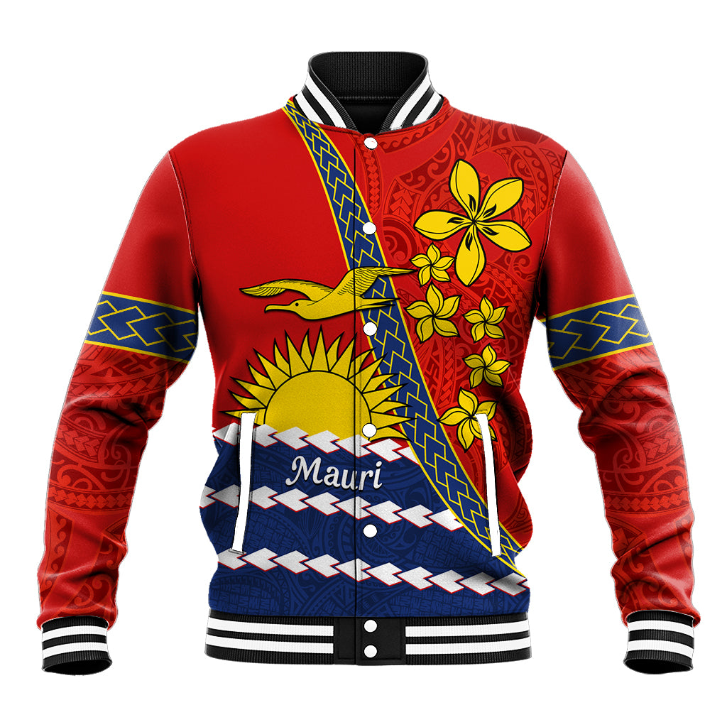 Personalised Mauri Kiribati Baseball Jacket Polynesian Ribaberiki Flag Style Mix Plumeria LT14 Unisex Red - Polynesian Pride