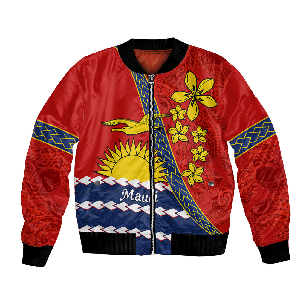 Personalised Mauri Kiribati Bomber Jacket Polynesian Ribaberiki Flag Style Mix Plumeria LT14 Unisex Red - Polynesian Pride