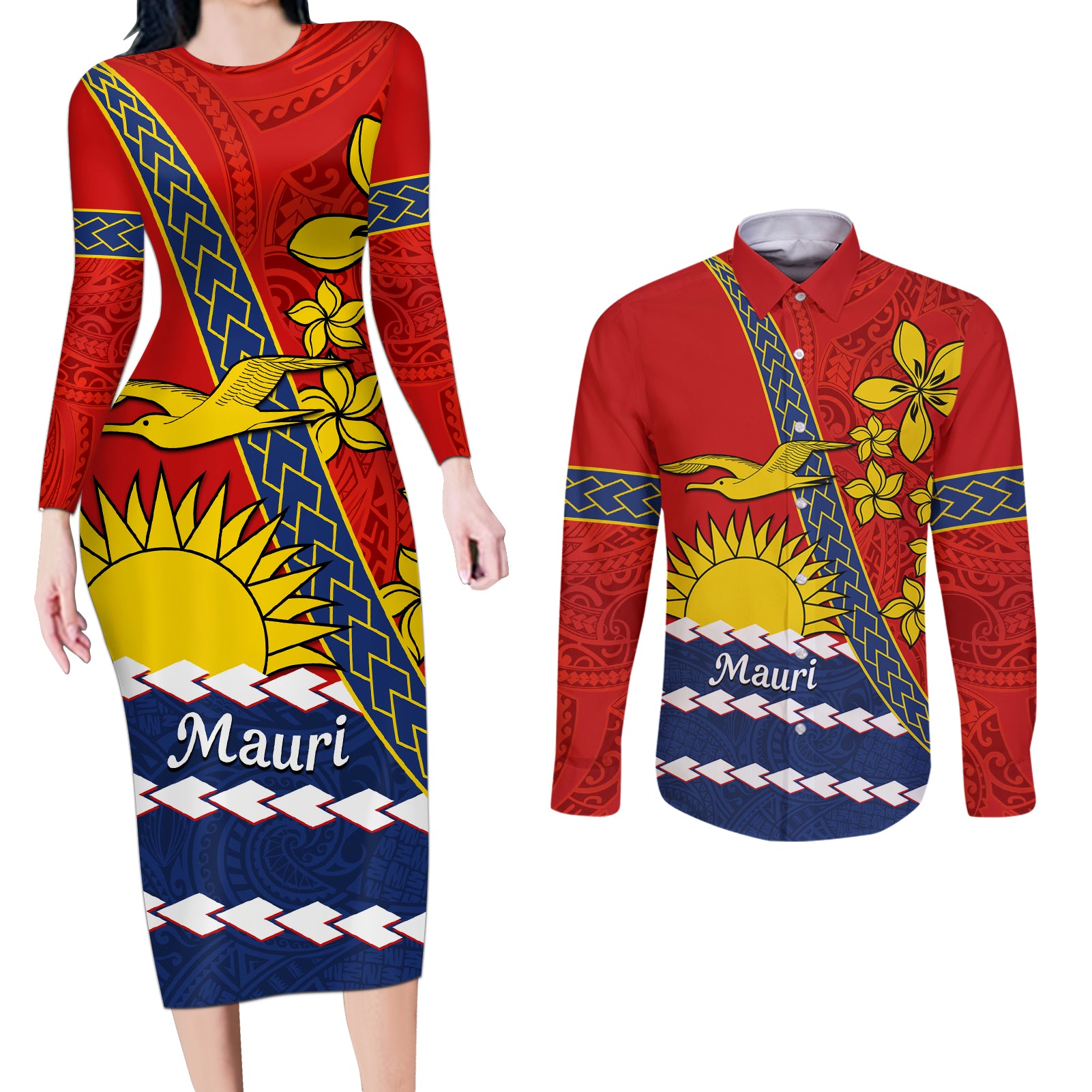 Personalised Mauri Kiribati Couples Matching Long Sleeve Bodycon Dress and Long Sleeve Button Shirt Polynesian Ribaberiki Flag Style Mix Plumeria LT14 Red - Polynesian Pride