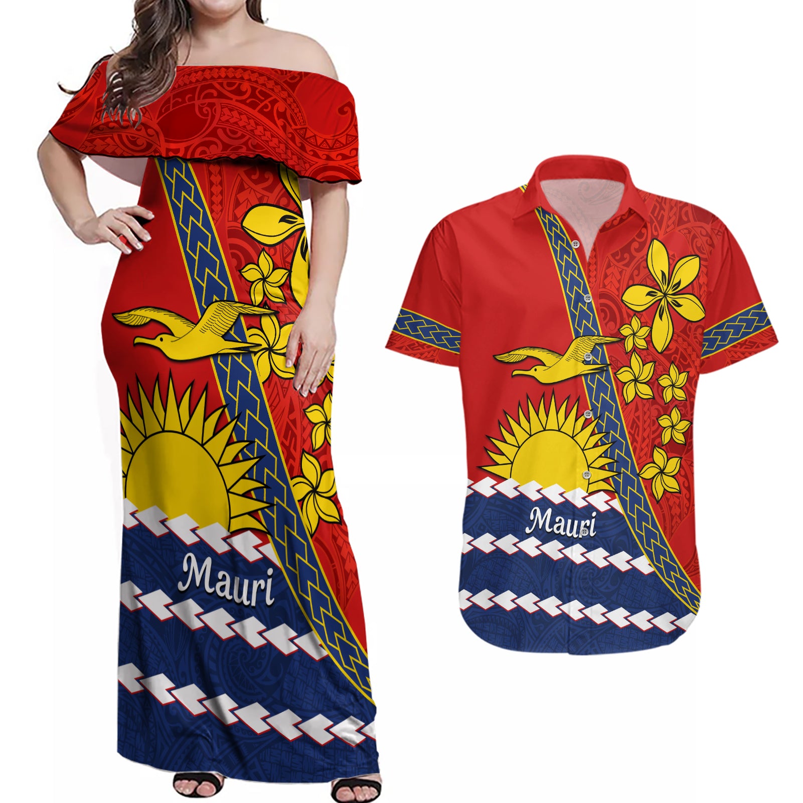 Personalised Mauri Kiribati Couples Matching Off Shoulder Maxi Dress and Hawaiian Shirt Polynesian Ribaberiki Flag Style Mix Plumeria LT14 Red - Polynesian Pride