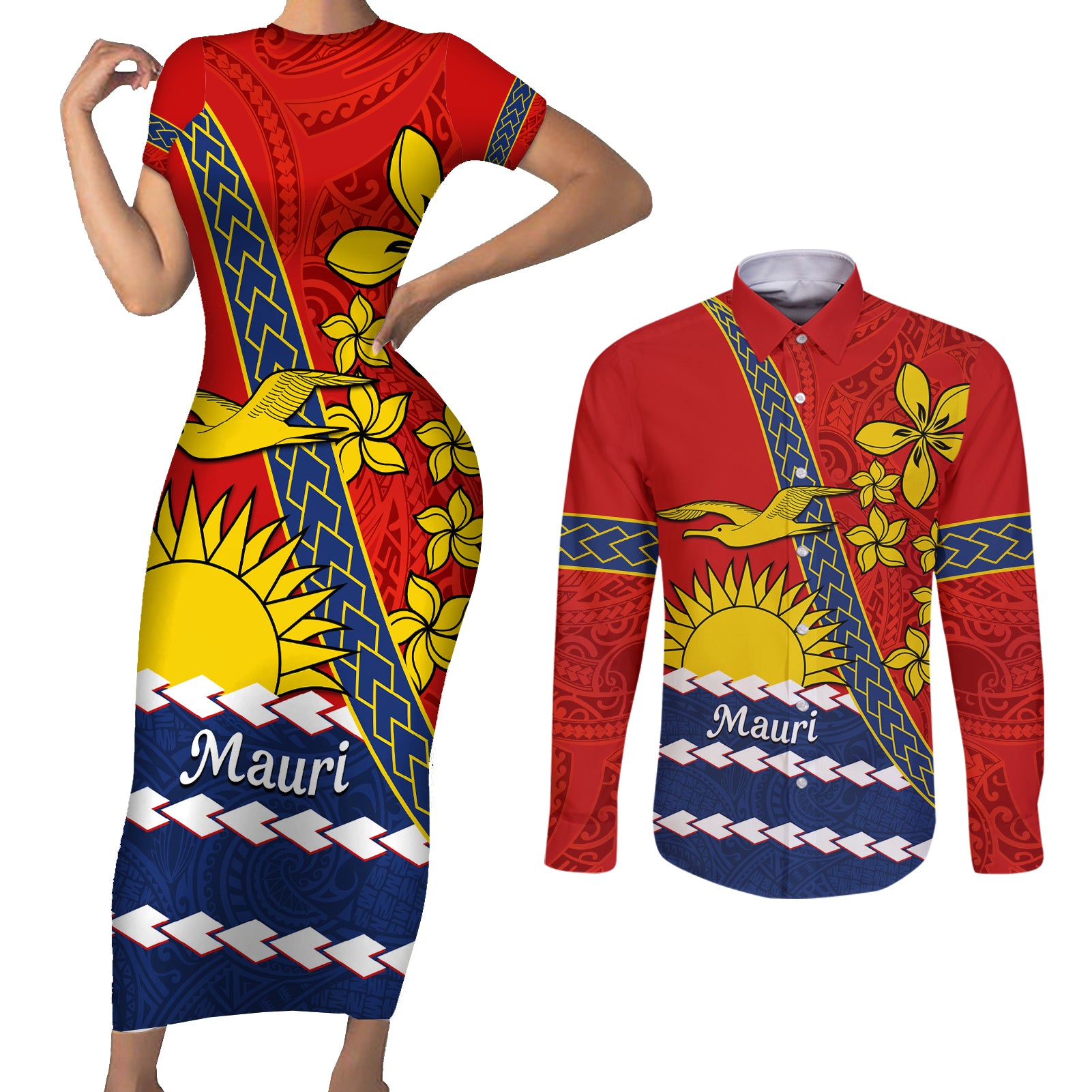 Personalised Mauri Kiribati Couples Matching Short Sleeve Bodycon Dress and Long Sleeve Button Shirt Polynesian Ribaberiki Flag Style Mix Plumeria LT14 Red - Polynesian Pride