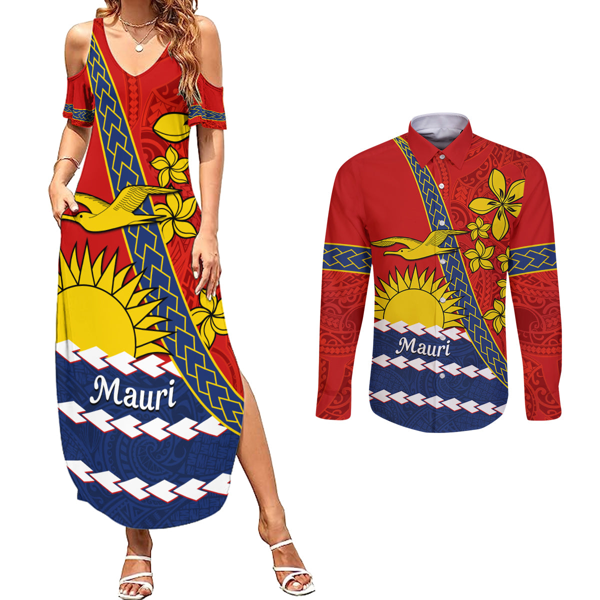 Personalised Mauri Kiribati Couples Matching Summer Maxi Dress and Long Sleeve Button Shirt Polynesian Ribaberiki Flag Style Mix Plumeria LT14 Red - Polynesian Pride