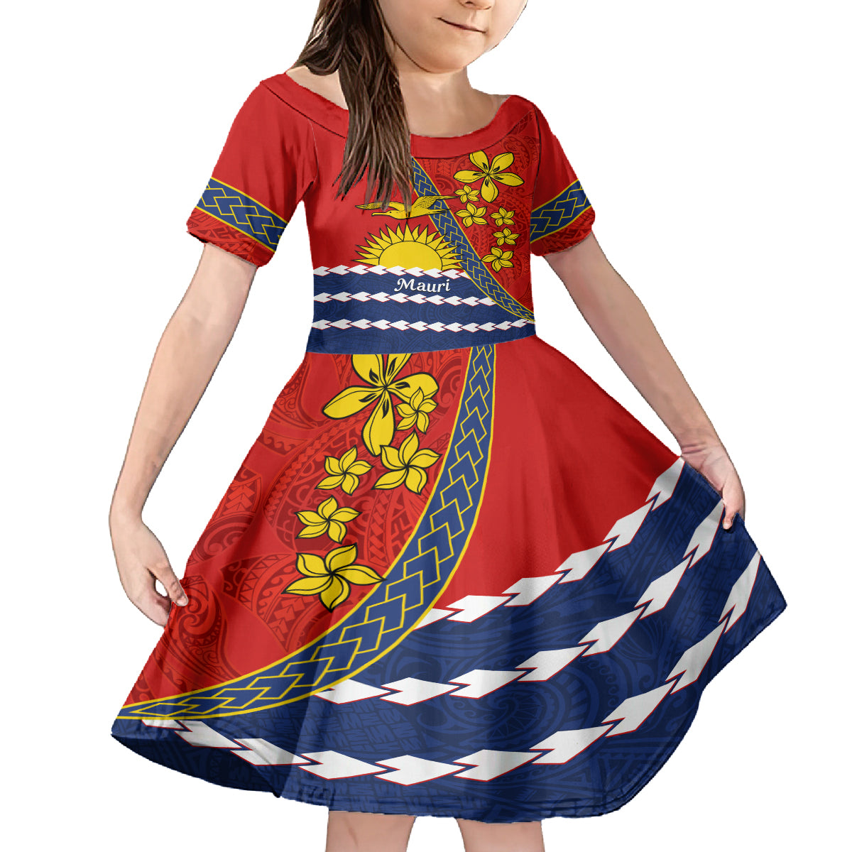 Personalised Mauri Kiribati Kid Short Sleeve Dress Polynesian Ribaberiki Flag Style Mix Plumeria LT14 KID Red - Polynesian Pride