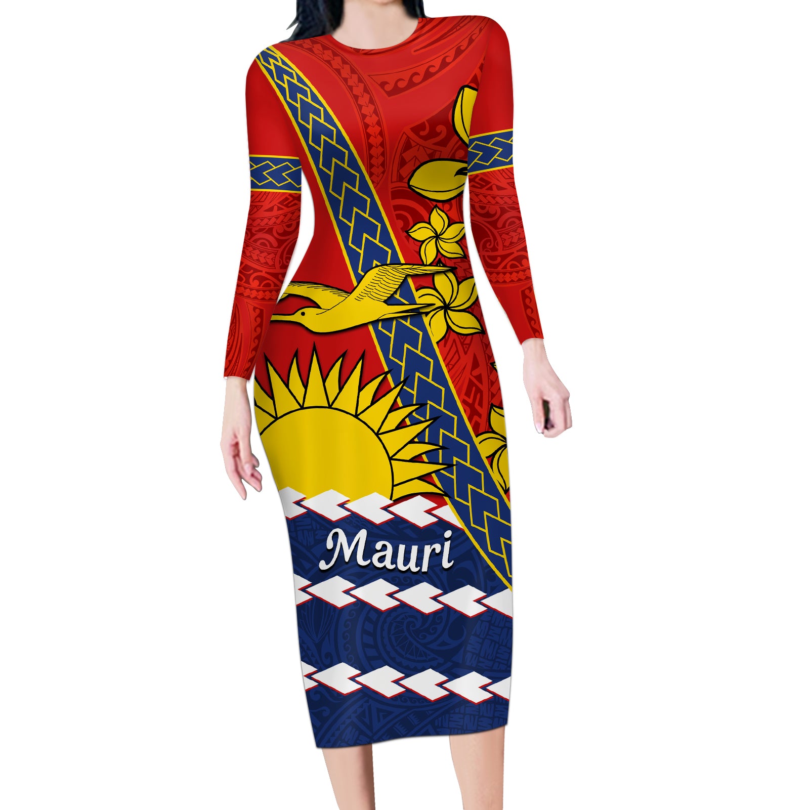 Personalised Mauri Kiribati Long Sleeve Bodycon Dress Polynesian Ribaberiki Flag Style Mix Plumeria LT14 Long Dress Red - Polynesian Pride