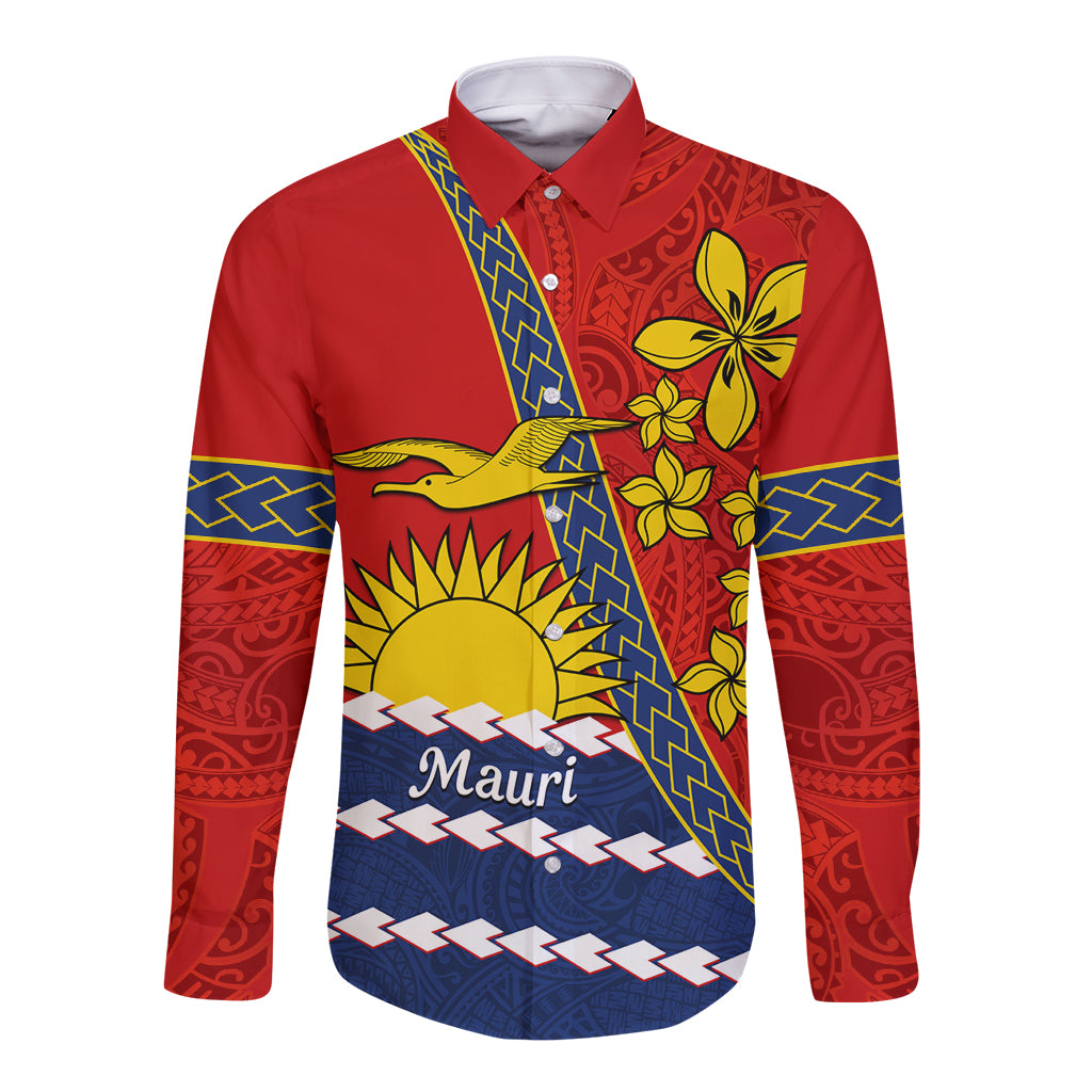 Personalised Mauri Kiribati Long Sleeve Button Shirt Polynesian Ribaberiki Flag Style Mix Plumeria LT14 Unisex Red - Polynesian Pride